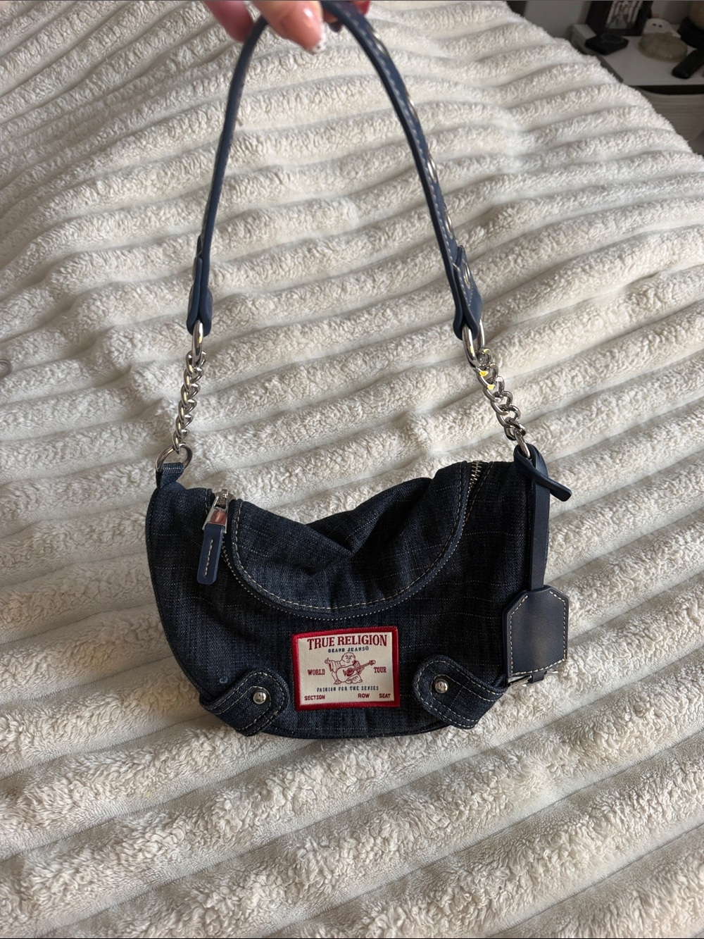 True Religion Dark Blue Denim Mini Shoulder Bag with Chain Strap